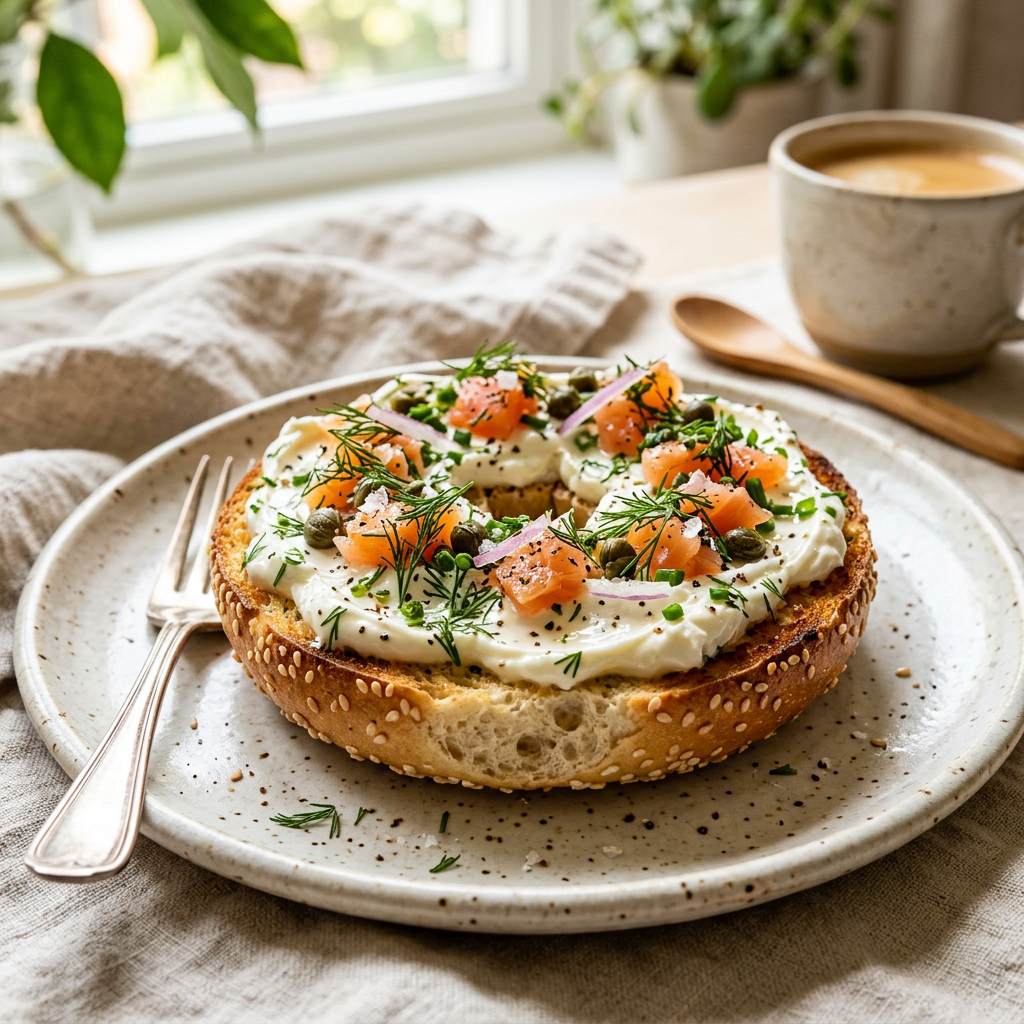 Bagel with cream cheese, salmon, dill, and capers
