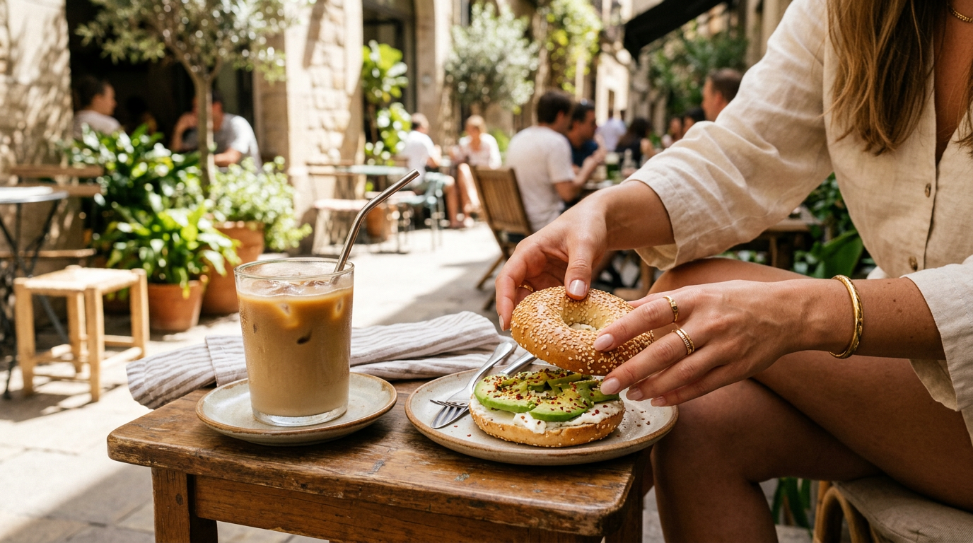 Iced coffee and bagel at a sunlit Mediterranean cafe